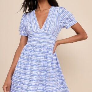 Lulus Lovely Chicness Blue And White Lace Puff Sleeve Mini Dress - Size S
